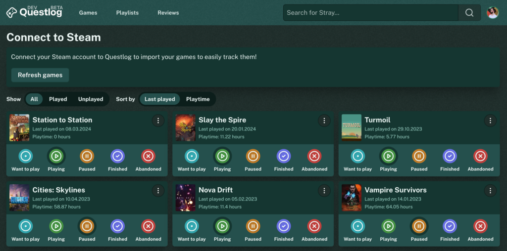 Screenshot of the Questlog Steam Connect page. You see 6 games that were already imported with their play status buttons below each game.
