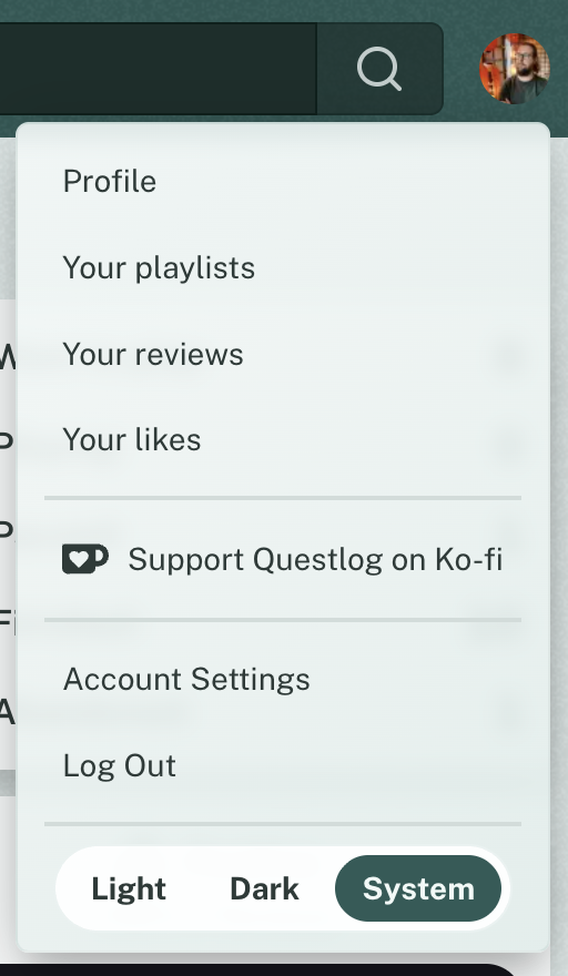 The expanded user menu of Questlog. It shows links for the users profile or account and at the bottom a theme switcher for Light mode, Dark mode or system preference