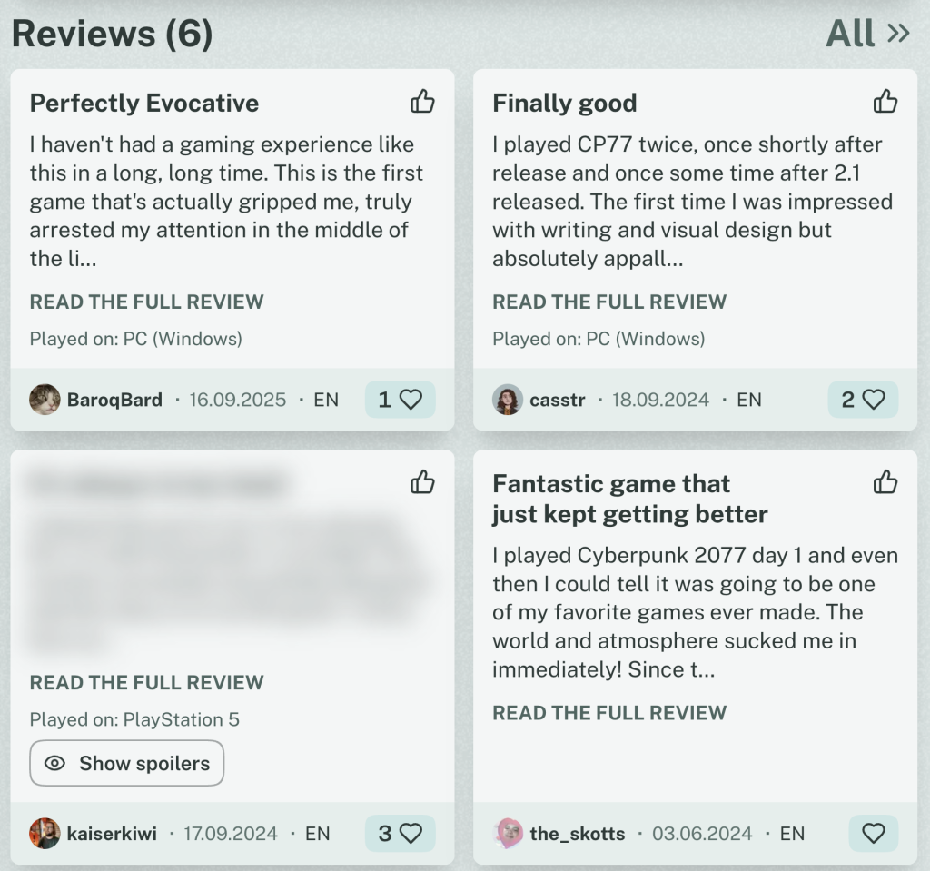Four reviews of a game on Questlog. For one Review the text and headline is blurred, but there is a "Show spoilers" button on it to indicate that you can show the text.