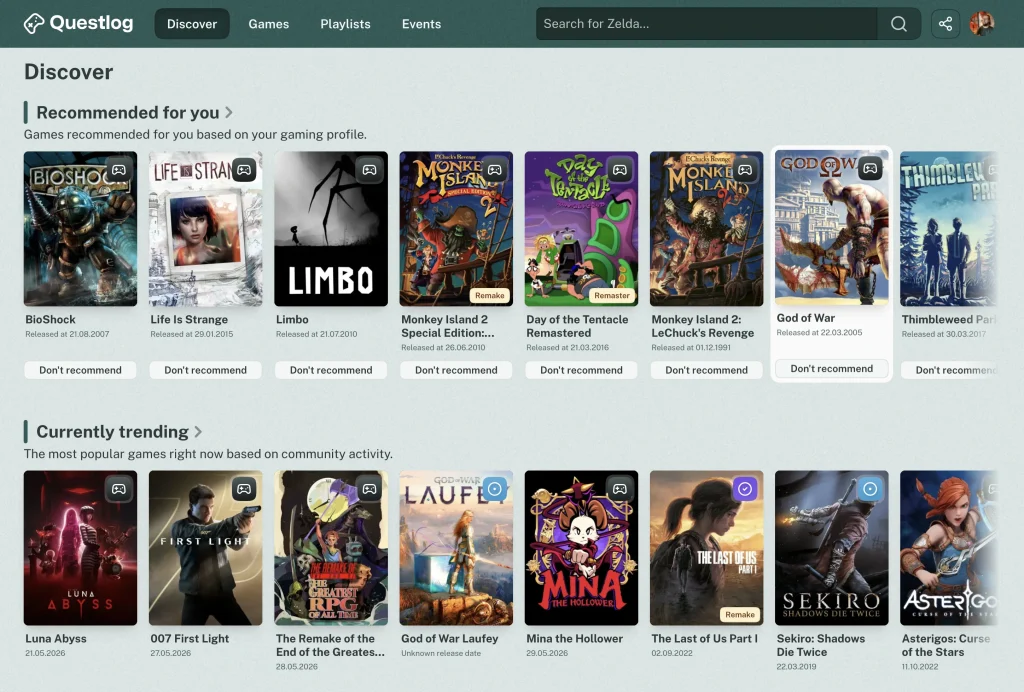 The Discover page of Questlog showing recommended Games for you and currently trending games